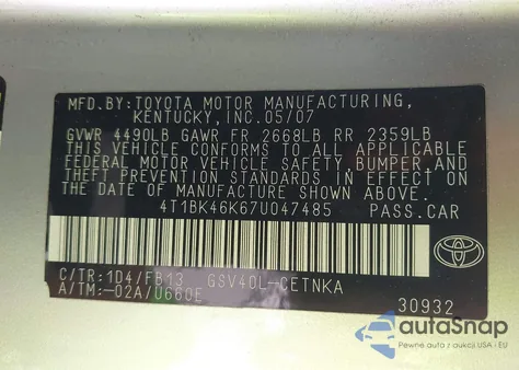 2007 Toyota Camry Le V6 from USA, damaged, VIN 4T1BK46K67U047485